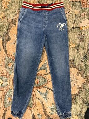 Polo by Ralph Lauren Blue Denim Jogger Pants with Red-White Striped Waistband